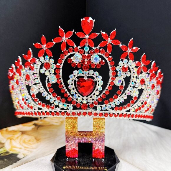 Crystal heart tiara, silver crystal tiara, red stone tiara, Bridal headpiece main image 6